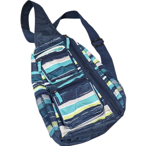 Thirty-one, Teal Green And Navy Striped Sling Bag. - Picture 1 of 9